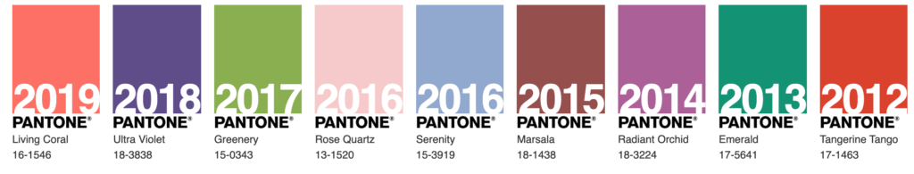 Pantone's past colors of the year 2012-2019