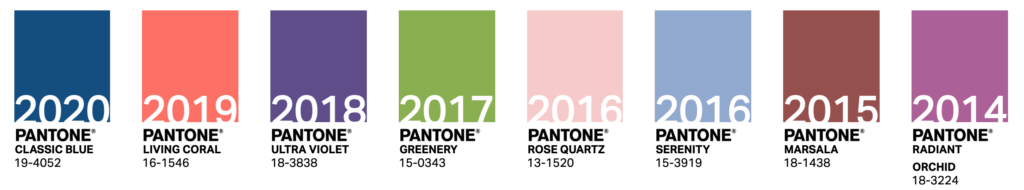 visual history of pantone colors from 2014-2020